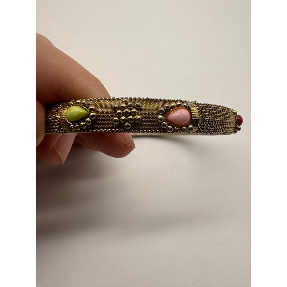 Vintage Gold Tone Mesh Bangle Bracelet Colorful Cabochon Stones 8‎ Inch
